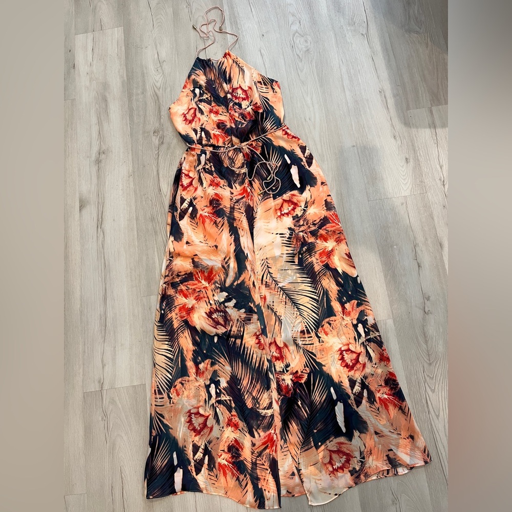 Guess Peach and Navy Floral Halter Maxi Dress Medium